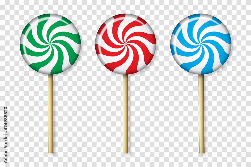 Set candy on wooden stick. Striped peppermint lollipops. Vector illustration for new years day, sweet-stuff, winter holiday, dessert, new years event