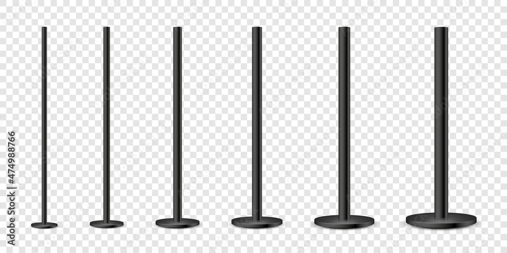 Realistic metal poles collection isolated on transparent background. Glossy black steel pipes of various diameters. Billboard or advertising banner mount, holder. Vector illustration. - obrazy, fototapety, plakaty 