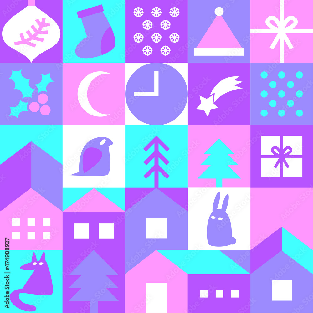 Neon winter Geometric Seamless Pattern. Christmas, new year night Forest landscape postcard background