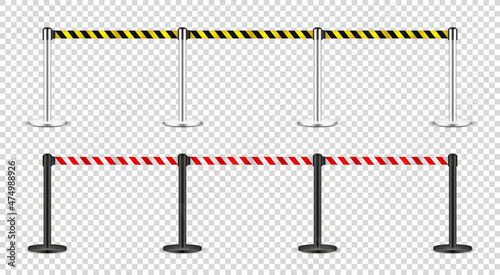 Realistic retractable belt stanchion on transparent background. Crowd control barrier posts with caution strap. Queue lines. Restriction border and danger tape. Vector illustration.