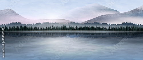 Fotografia Watercolor art background with mountains and forest on the lake in the fog