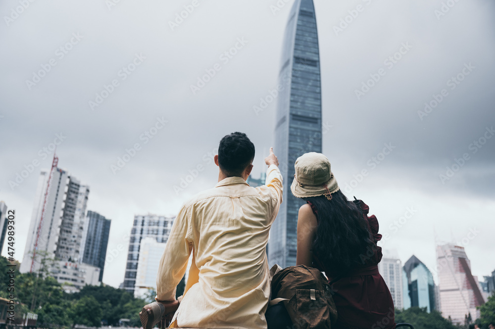 creative man and woman travel in city urban, business community people partner concept