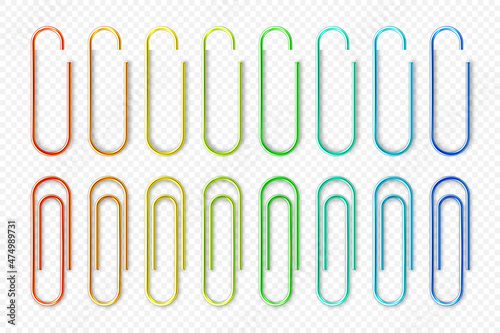 Realistic colorful metal paper clips on checkered background. Page holder, binder. Vector illustration.