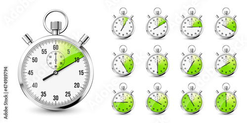 Realistic classic stopwatch icons. Shiny metal chronometer, time counter with dial. Green countdown timer showing minutes and seconds. Time measurement for sport, start and finish. Vector illustration photo