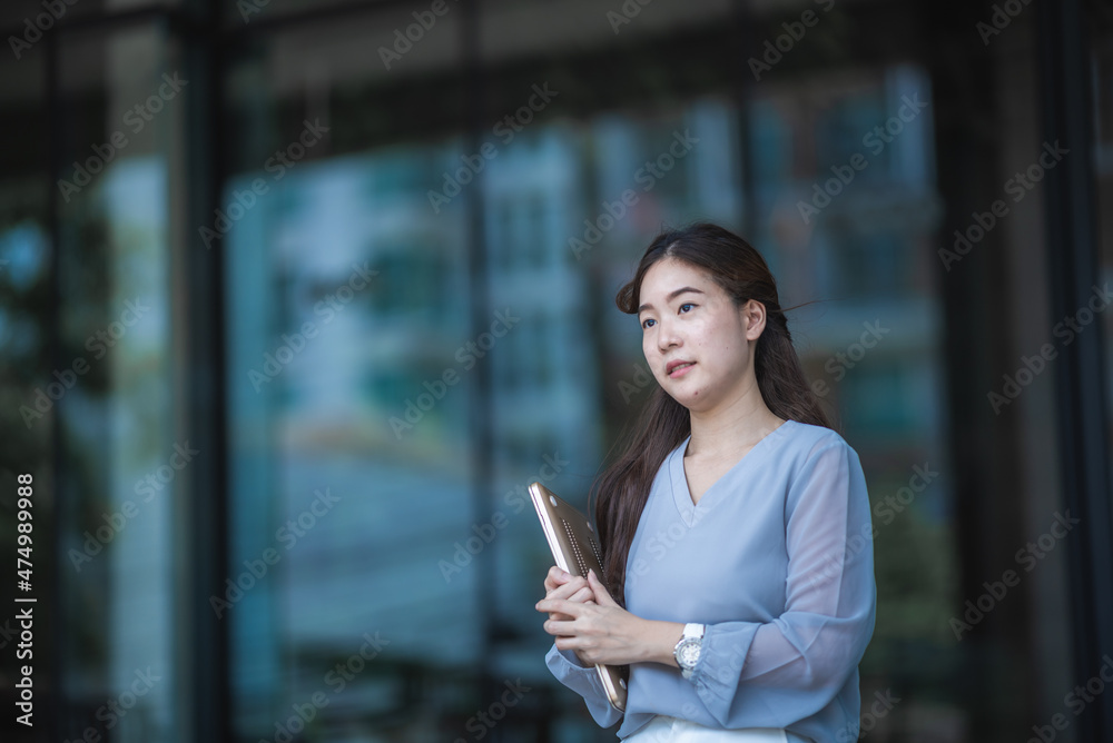 business woman person working at modern office, walking outdoor in workplace urban city