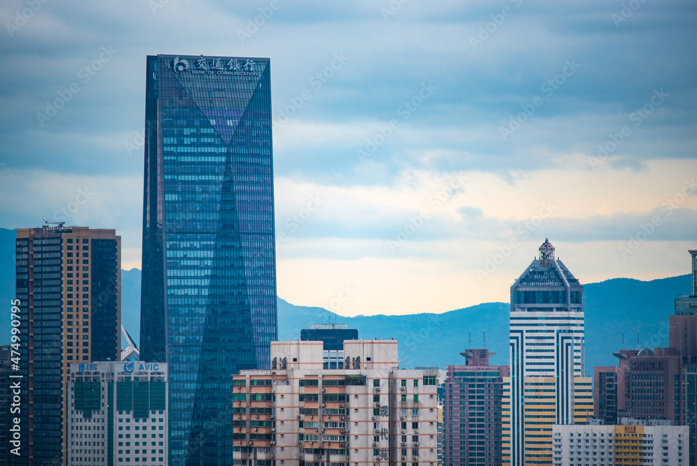 Shen Zhen skyscraper building landscape, China business urban city in modern