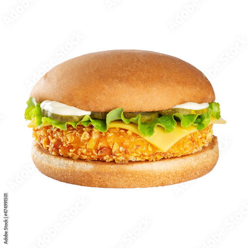 Large burger with chicken cutlet, cheddar cheese, lettuce and pickles. Isolated on white background.