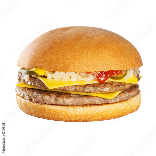 Double cheeseburger. Double beef cutlet, cheddar cheese, pickles, onions, ketchup and maoines. Isolated on white background.