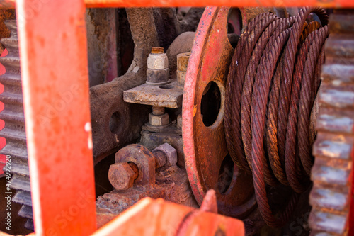 Old vintage mechanical cable pulley system.