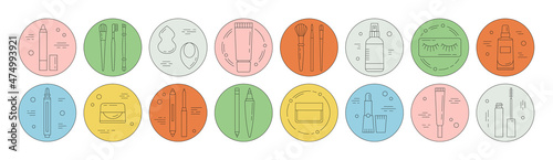 Big set of icons with beauty products. Makeup and Korean cosmetics. Can be used in web, typographic, package design, as highlights etc. Online shopping concept. Colorful vector illustration