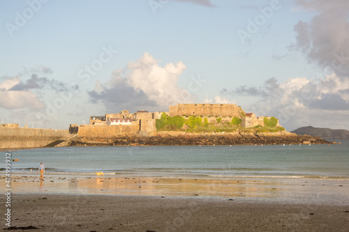 View of Castle Cornet from the beach at sunset, Guernsey