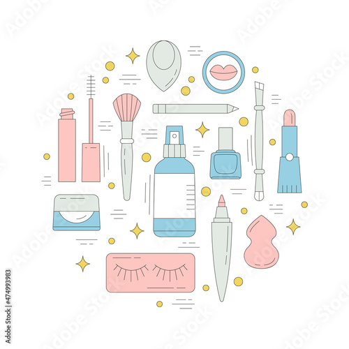 Round composition with beauty products. Makeup and online shopping concept. Vector illustration can be used in articles, banners, flyers, social media publications related to cosmetics.
