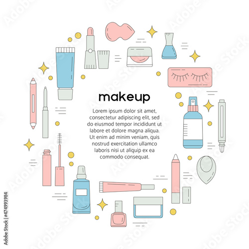 Round frame with beauty products. Makeup and online shopping concept. Vector illustration can be used in articles, banners, flyers, social media related to cosmetics. You can put your text in center.
