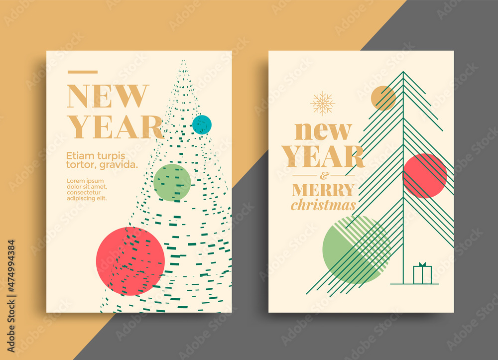 New Year greeting card design with stylized christmas tree and balls ...