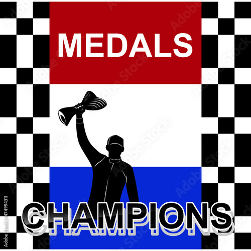 vector illustration of a car driver celebrating the number one podium trophy at a car racing event, dutch flag background