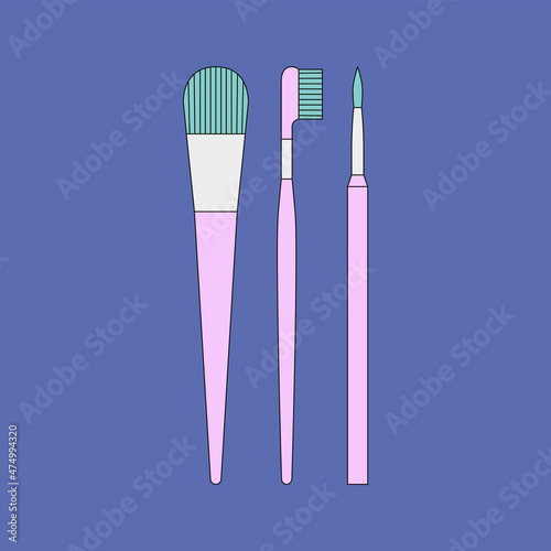 Vector illustration of makeup brushes for blush, lashes. Beauty products and online shopping. Korean cosmetics. Can be used as illustration in magazine, banner, social media, highlights, web design