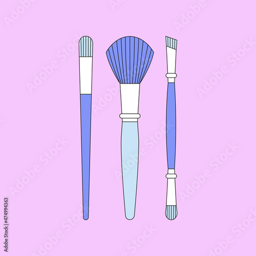 Vector illustration of makeup brushes for powder, eyeshadow. Beauty products and online shopping, cosmetics. Can be used as illustration in magazine, banner, social media, highlights, web design