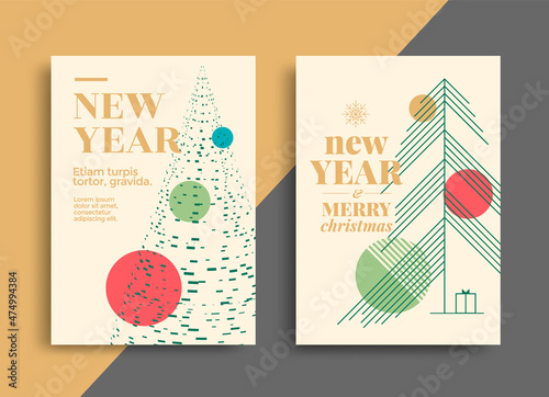 New Year greeting card design with stylized christmas tree and balls. Merry Christmas invite posters. Vector line illustration