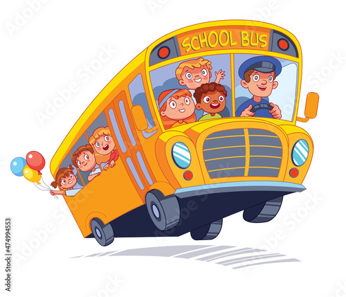 School bus with children goes to school or on an excursion. Colorful cartoon characters. Funny vector illustration. Isolated on white background