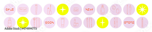 Big set of icons with beauty products. Make up and Korean cosmetics. Can be used in web, typographic, social media and package design, as highlights. Online shopping. Ideal for beauty store or blog 