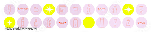 Big set of icons with beauty products. Skin care and Korean cosmetics. Can be used in web, typographic, social media and package design, as highlights. Online shopping. Ideal for beauty store or blog 