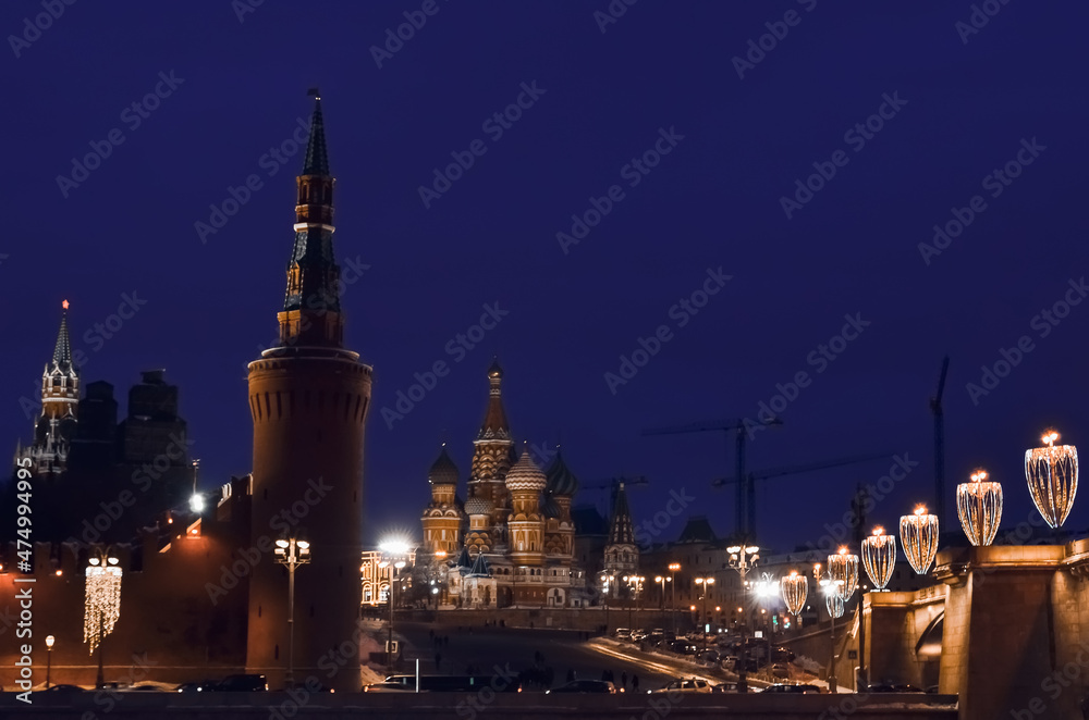 Obraz premium Panorama of winter Moscow apital of Russia. Kremlin, Kremlin wall, churches, Grand Kremlin Palace