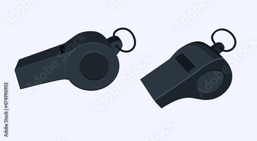 Referee whistle in black in different shapes. Set. A subject for sports. Isolated on a white background. Stock Vector Illustration.