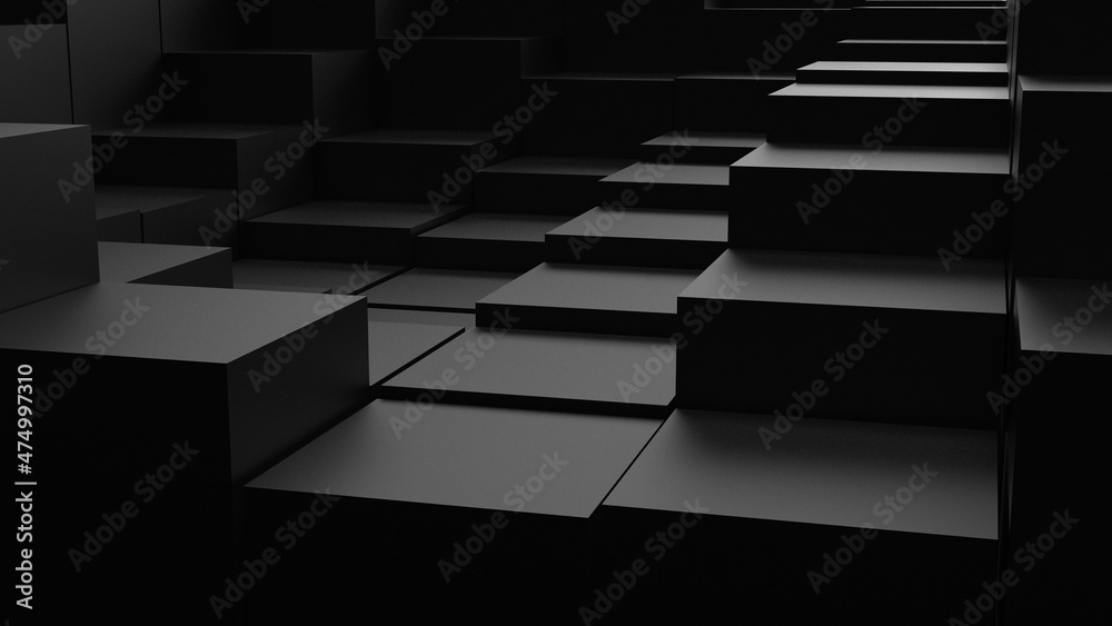 Fototapeta premium Abstract background with waves made of a lot of black cubes geometry primitive forms that goes up and down under black-white lighting. 3D illustration. 3D CG. High resolution.