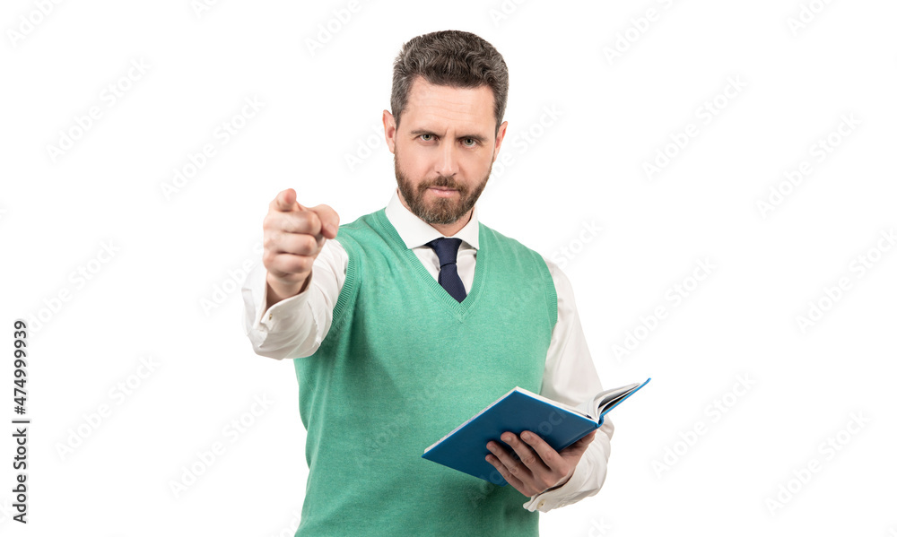 bearded businessman with book pointing finger on camera isolated on white background, teacher bearded businessman with book pointing finger on camera isolated on white background, teacher