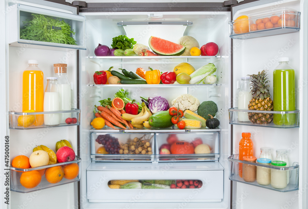 open fridge with fresh fruits and vegetables. refrigerator with healthy  food. foto de Stock | Adobe Stock