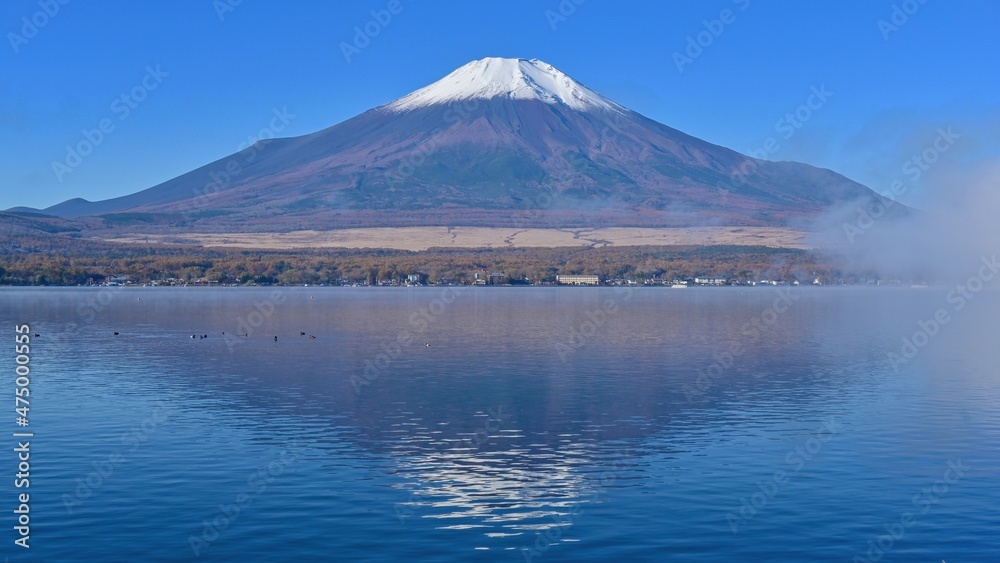 湖畔から見た富士山と雲海のコラボ情景＠山中湖、山梨