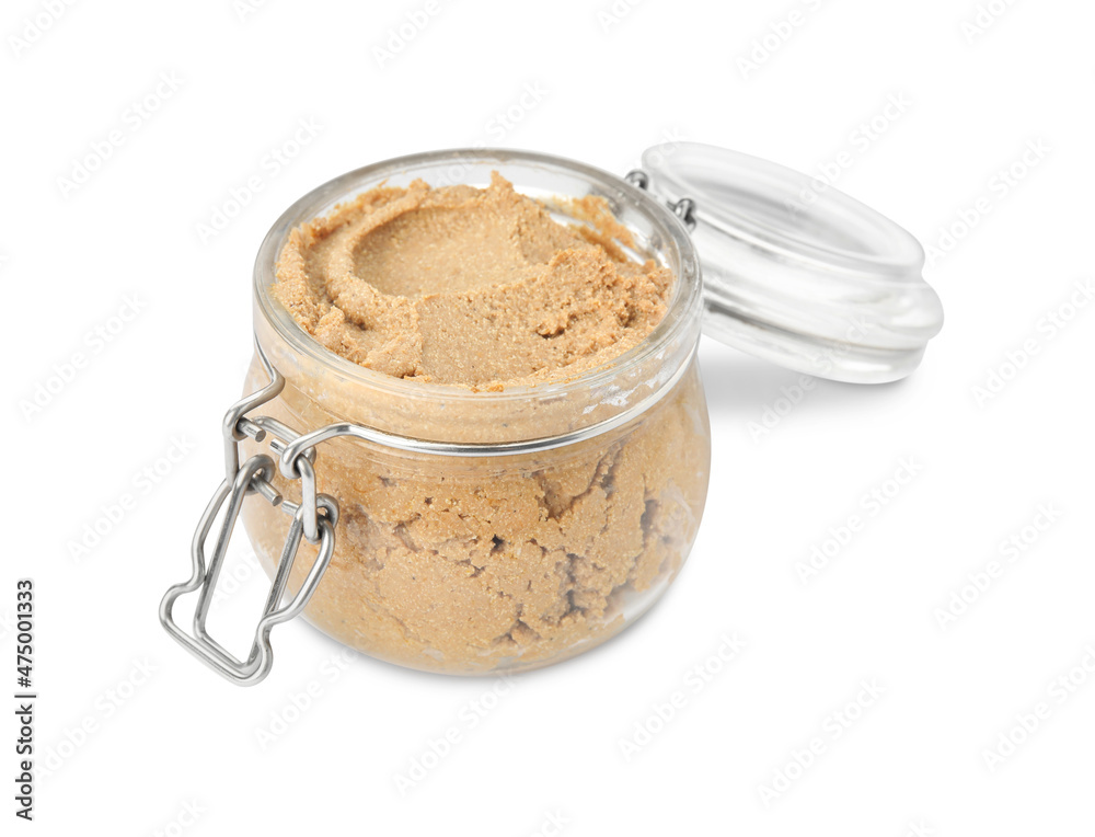 Delicious meat pate in glass jar isolated on white Delicious meat pate in glass jar isolated on white