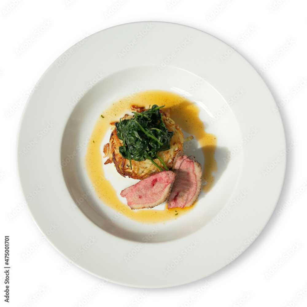 White diner plate with lamb loin spinach and potato rosti