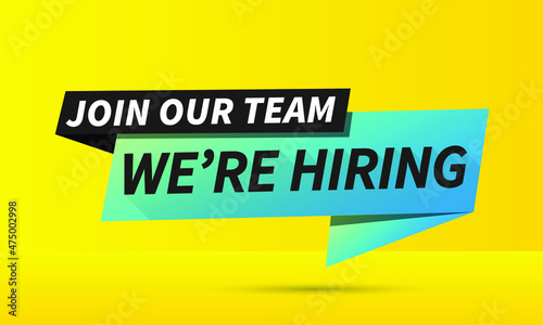 We are hiring, join our team lettering with abstract frame on yellow background. Inscription can be used for announcements, leaflets, posters, banners.