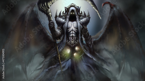 A faceless angel of death with a scythe and huge webbed wings, his eyes shine, digital art style, illustration painting