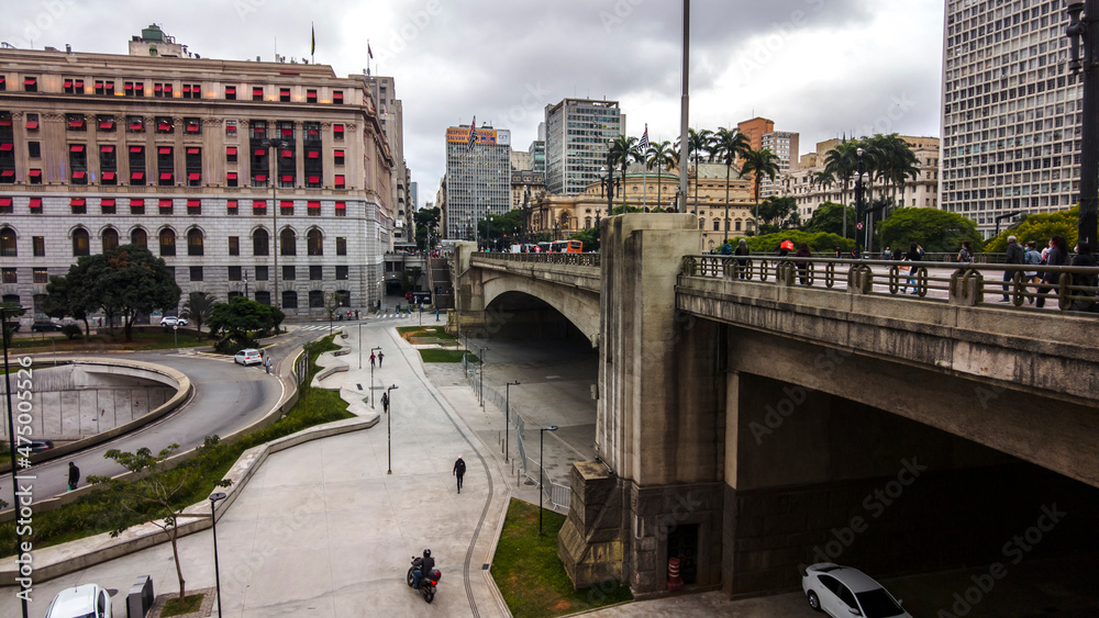 Sao Paulo, Brazil, November 09, 2021. Anhangabau Valley anf Viaduct of Tea, in downtown Sao Paulo, Brazil. Viaduto do Cha is one of the most famous