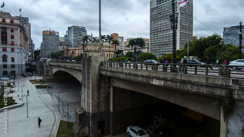 Sao Paulo, Brazil, November 09, 2021. Anhangabau Valley anf Viaduct of Tea, in downtown Sao Paulo, Brazil. Viaduto do Cha is one of the most famous photo