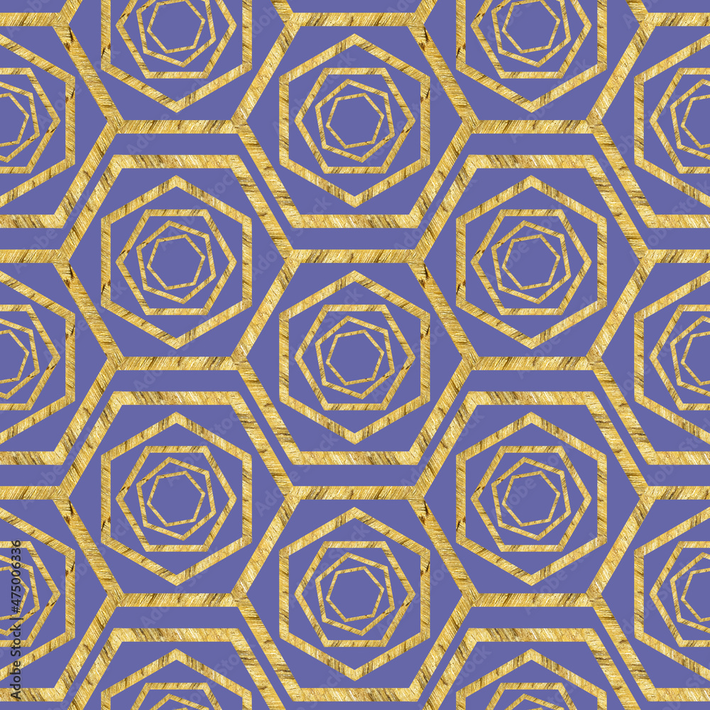Hexagon seamless texture. Mosaic, inlay. Illustration in stained glass style. Art Deco style. Seamless chaotic hexagon pattern. For wallpaper, textile print, tile. Scilla, bluebell. Golden hexagons.