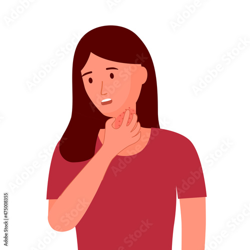 Young woman scratching her neck. Female suffering from strong allergy skin itchy symptom in flat design. Red rash skin irritation.