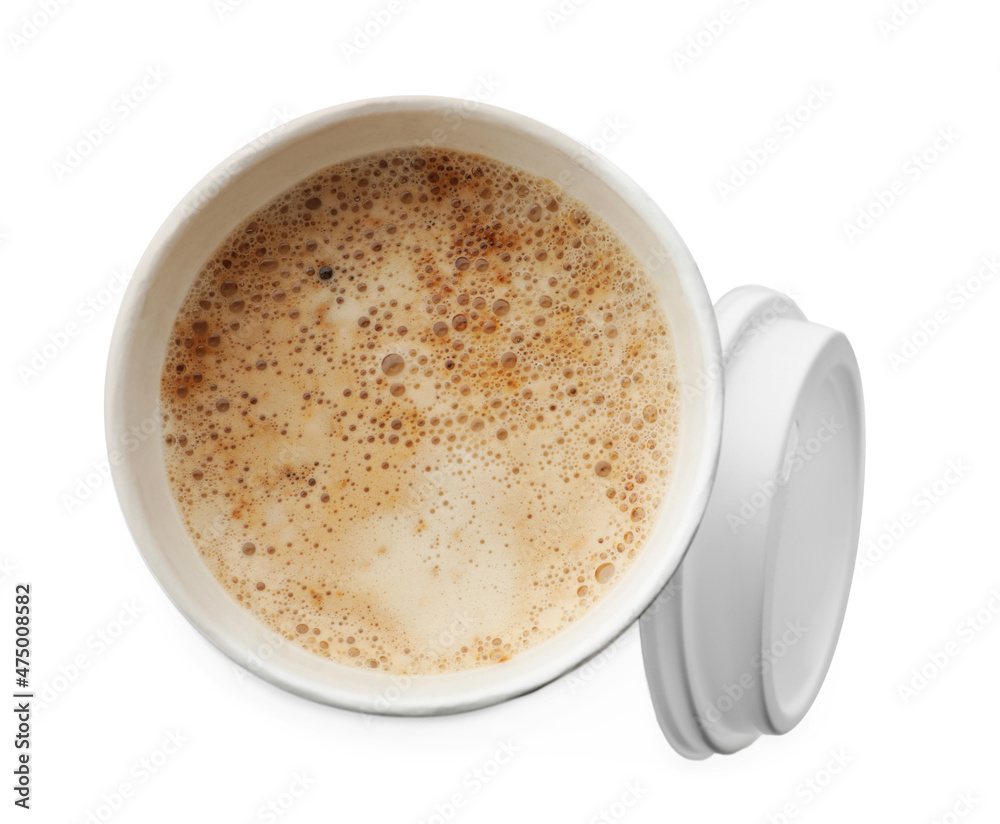 Aromatic coffee in takeaway paper cup and lid on white background, top view Aromatic coffee in takeaway paper cup and lid on white background, top view