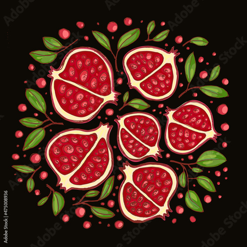 Juicy pomegranates in a sketch style. Retro poster with red garnets. Sectional drawing of pomegranates.