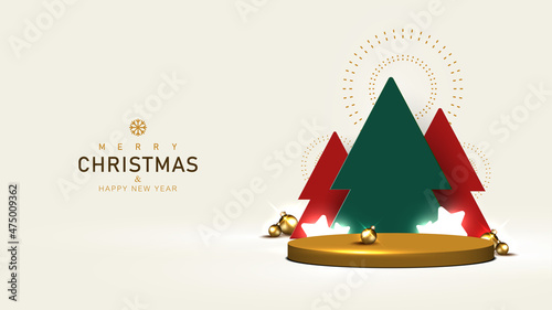 Christmas 3d background. Pedestal for product display. Stage podium decorated with trees, stars, ball, fireworks. Xmas decoration for festive. Vector illustration.