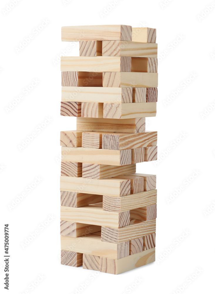 Jenga tower made of wooden blocks on white background Jenga tower made of wooden blocks on white background