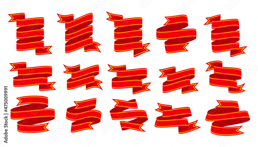 Ribbon red holiday sale party flowing flat set. Vintage sale banner shape. Festive website design element. News postcard discount christmas decor. Bright heraldic tag isolated on white background Ribbon red holiday sale party flowing flat set. Vintage sale banner shape. Festive website design element. News postcard discount christmas decor. Bright heraldic tag isolated on white background