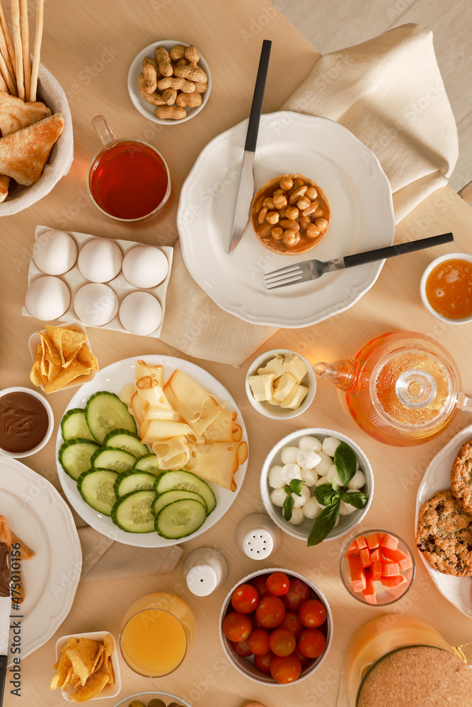Dishes with different food on table, flat lay. Luxury brunch Dishes with different food on table, flat lay. Luxury brunch