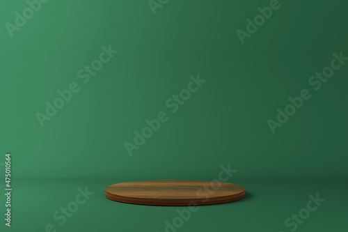Abstract minimal scene with wooden podium and backdrop in studio lighting green background. Product presentation showcase, Mock up stage, Cosmetic product display, Podium, stage pedestal. 3d rendering