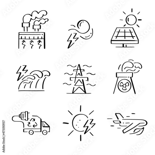 Sustainable energy generation and usage. Alternative power sources. Nuclear, green fuel and eco aviation. Doodle icons
