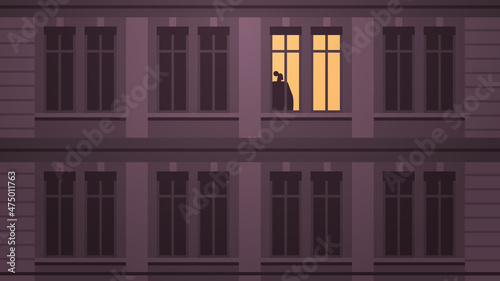 depressed girl silhouette standing in house window loneliness and isolation depressive disorder problem mental health diseases