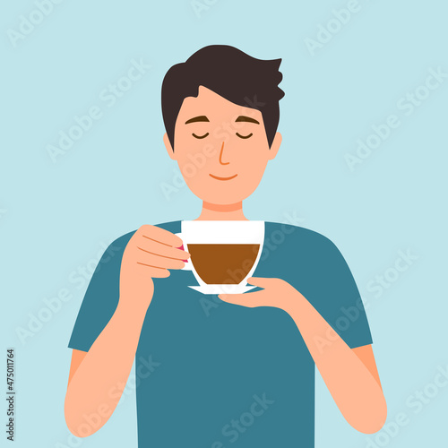 Young man drinking hot coffee in flat design.