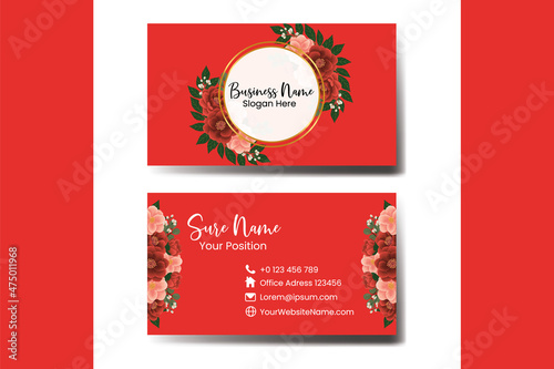 Business Card Template Camellia Flower .Double-sided Blue Colors. Flat Design Vector Illustration. Stationery Design
